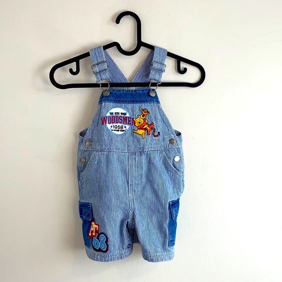 Disney Other - VINTAGE Disney Winnie The Pooh Striped Patched Shorts Overalls